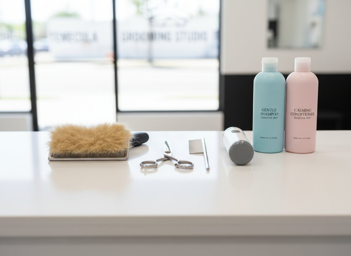 A detailed close-up of dog grooming tools arranged neatly on a pristine white countertop in a Temecula grooming studio. High-quality stainless steel scissors, a slicker brush full of soft golden fur, a metal comb, and a gentle nail grinder are aligned beside pastel-colored shampoo and conditioner bottles labeled for sensitive skin. Soft studio lighting from above creates crisp, professional reflections on the metal and a clean shadow line along the counter’s edge. Photographic realism with a top-down, bird’s-eye composition emphasizes order and professionalism. The mood is clean, organized, and reassuring, highlighting the precision and care of a dedicated dog grooming business.