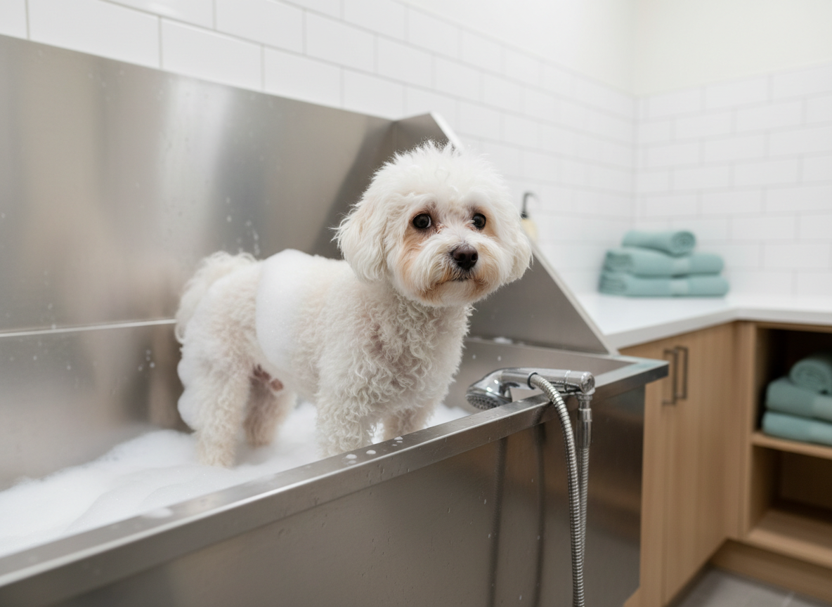 A small, fluffy white bichon frise mid-groom, standing in a modern, stainless steel dog bath filled with soft, white suds. The dog’s fur is partially lathered with hypoallergenic shampoo, and a detachable shower sprayer rests on the tub’s edge. The surrounding grooming room features white tile walls, light wood cabinetry, and folded plush towels in muted teal tones. Bright but diffused overhead lighting ensures even illumination, giving the scene a crisp, hygienic look. Photographic realism from a slightly elevated three-quarter angle, with the dog centered and the background gently softened. The atmosphere is calm, safe, and spa-like, emphasizing gentle, professional dog bathing services.