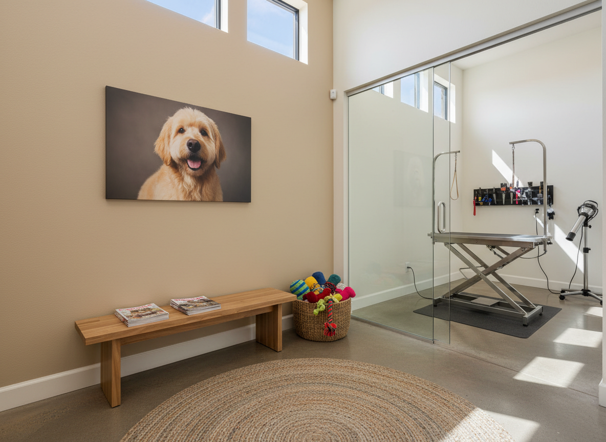 A serene grooming salon waiting area designed for dogs, featuring a low, modern bench with neatly stacked dog-themed magazines and a basket of colorful, well-made dog toys. Against a soft beige wall hangs a large framed photograph of a groomed dog. Nearby, a sleek glass partition reveals a spotless grooming station with a height-adjustable table and organized tools. Natural afternoon light filters through high windows, casting soft rectangular patterns on the floor and creating a calm, welcoming atmosphere. Photographic realism, wide-angle perspective with balanced composition and sharp focus throughout. The mood is professional, inviting, and reassuring for dog owners seeking trusted grooming in Temecula.